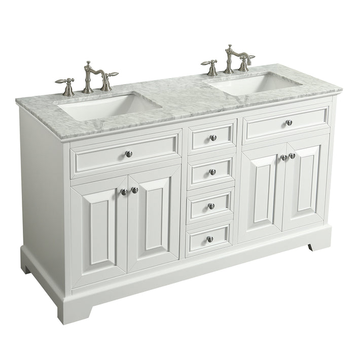 Eviva Monroe 60" Double Bathroom Vanity  with White Carrara Marble Top & White Undermount Porcelain Sinks