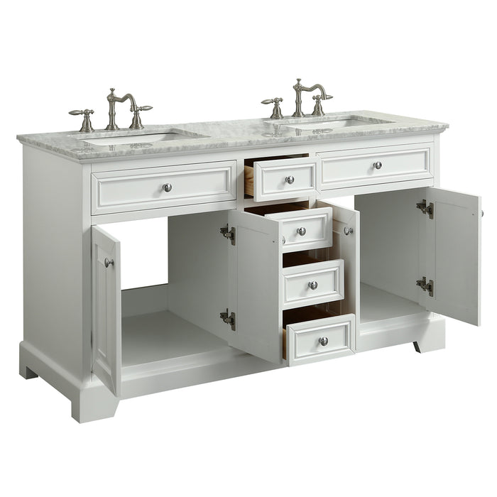 Eviva Elite Stamford 60 Gray Solid Wood Bathroom Vanity Set with Double OG  White Carrera Marble Top & White Undermount Porcelain Sinks