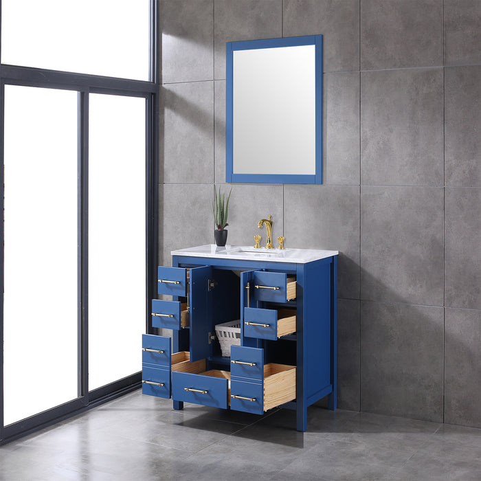 Eviva Navy Deep Blue Bathroom Vanity with White Carrera Counter-top and White Undermount Porcelain Sink