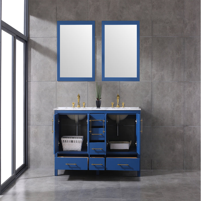 Eviva Navy Deep Blue Bathroom Vanity with White Carrera Counter-top and Double White Undermount Porcelain Sinks