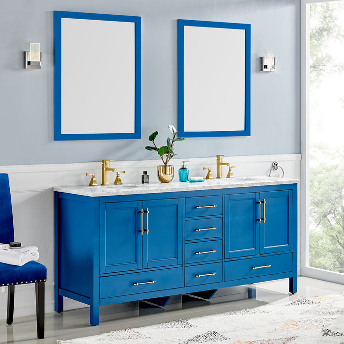 Eviva Navy Deep Blue Bathroom Vanity with White Carrera Counter-top and Double White Undermount Porcelain Sinks