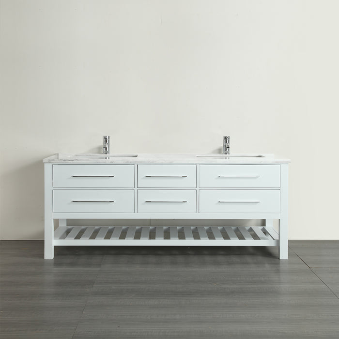 Eviva Natalie F. 60" White Bathroom Vanity with White Carrera Marble Counter-top & Double Porcelain Sinks