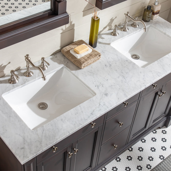 Eviva Preston Aged Chocolate Bathroom Vanity with White Carrara Marble Countertop and Double Undermount Sinks