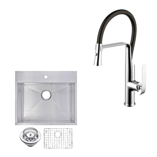 Kitchen Sink - 25" X 22" Zero Radius Single Bowl Stainless Steel Hand Made Drop In Kitchen Sink W/ Drain, Strainer, Bottom Grid, And Single Hole Faucet