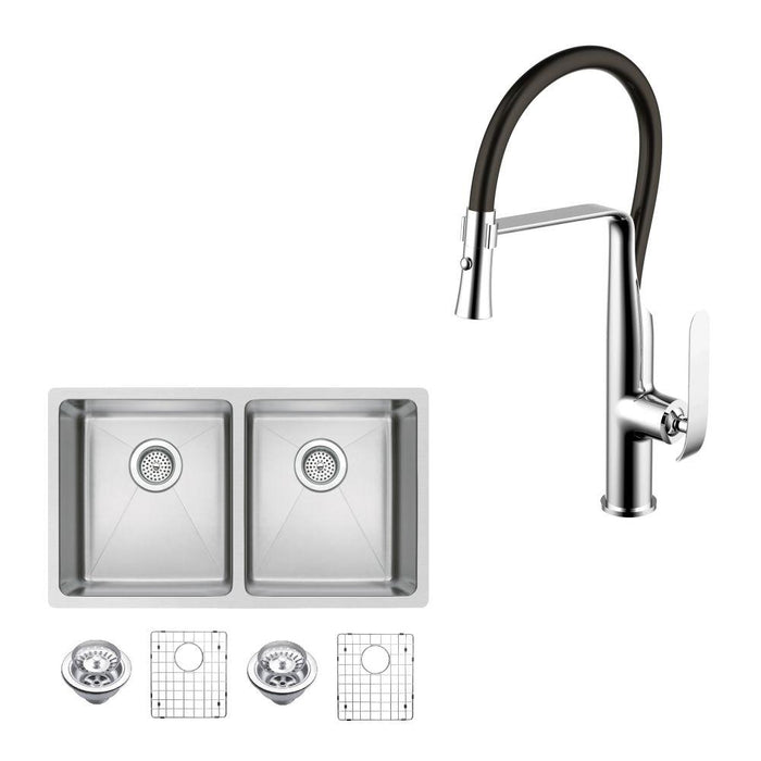 Kitchen Sink - 31" X 18" 50/50 Double Bowl Stainless Steel Hand Made Undermount Kitchen Sink W/ Coved Corners, Drains, Strainers, Bottom Grids, And Single Hole Faucet