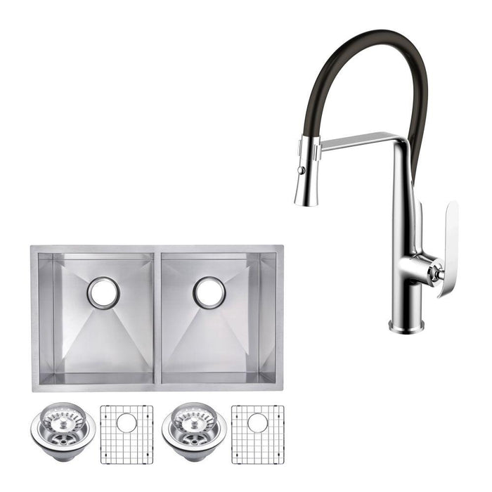 Kitchen Sink - 31" X 18" Zero Radius 50/50 Double Bowl Stainless Steel Hand Made Undermount Kitchen Sink W/ Drains, Strainers, Bottom Grids, And Single Hole Faucet