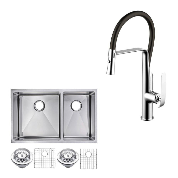 Kitchen Sink - 33" X 20" 15mm Corner Radius 60/40 Double Bowl Stainless Steel Hand Made Undermount Kitchen Sink W/ Drains, Strainers, Bottom Grids, And Single Hole Faucet