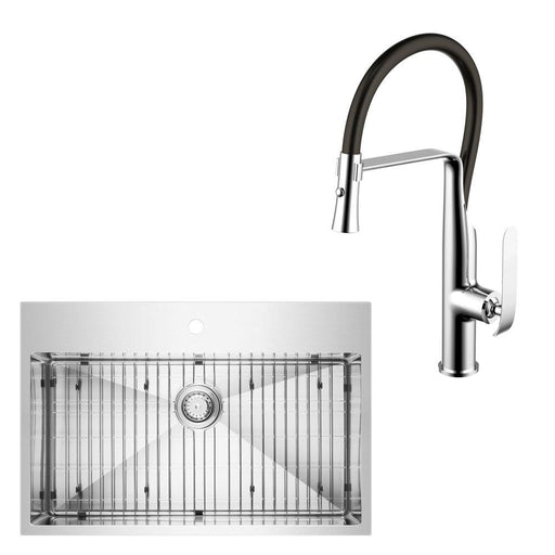 Kitchen Sink - 33" X 22" Small Radius Single Bowl Stainless Steel Hand Made Drop In Kitchen Sink W/ Drain, Strainer, Bottom Grid, And Single Hole Faucet