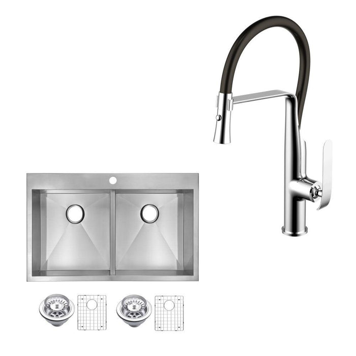 Kitchen Sink - 33" X 22" Zero Radius 50/50 Double Bowl Stainless Steel Hand Made Drop In Kitchen Sink W/ Drains, Strainers, Bottom Grids, And Single Hole Faucet