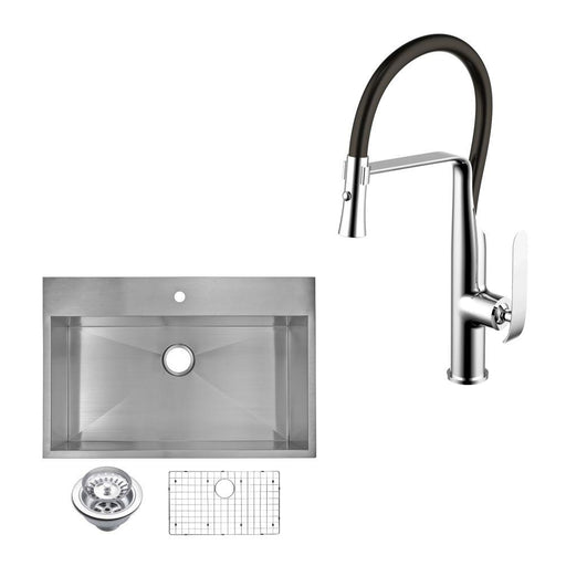 Kitchen Sink - 33" X 22" Zero Radius Single Bowl Stainless Steel Hand Made Drop In Kitchen Sink W/ Drain, Strainer, Bottom Grid, And Single Hole Faucet