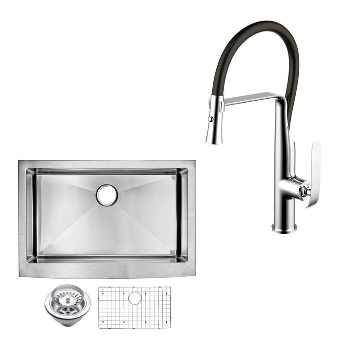 Kitchen Sink - 36" X 22" 15mm Corner Radius Single Bowl Stainless Steel Hand Made Apron Front Kitchen Sink W/ Drain, Strainer, Bottom Grid, And Single Hole Faucet
