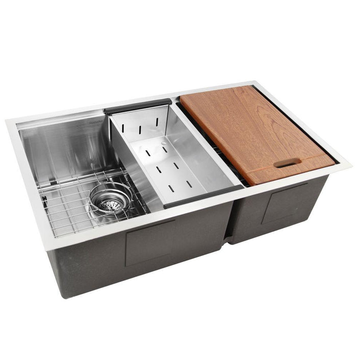 Kitchen Sink - Nantucket Sinks Offset Double Bowl Prep Station Small Radius Undermount Stainless Sink W/ Accessories