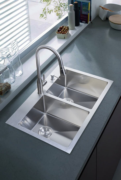 Kitchen Sink - Stufurhome 33" Stainless Steel Overmount 2-Hole Double Bowl Kitchen Sink