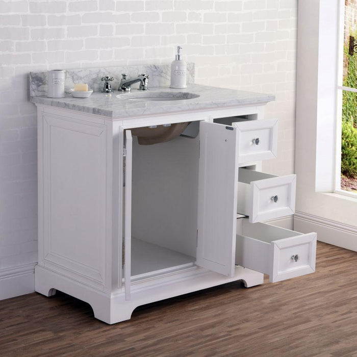 Vanity - 36" Wide Pure White Single Sink Carrara Marble Bathroom Vanity W/ Faucets From The Derby Collection