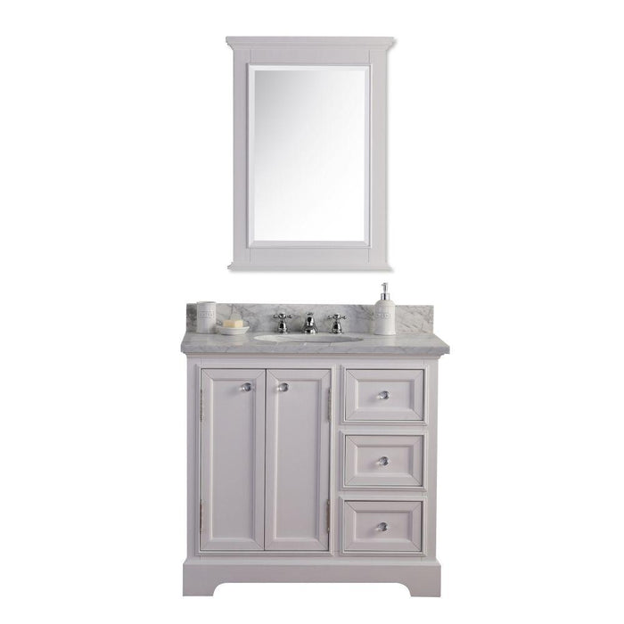 Vanity - 36" Wide Pure White Single Sink Carrara Marble Bathroom Vanity W/ Matching Mirror And Faucet(s) From The Derby Collection