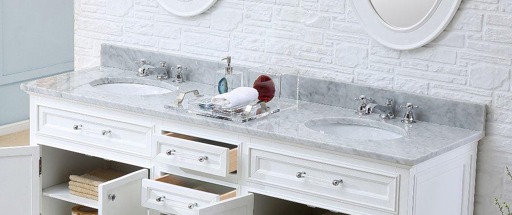Vanity - 60" Pure White Double Sink Bathroom Vanity W/ Matching Framed Mirrors And Faucets From The Derby Collection