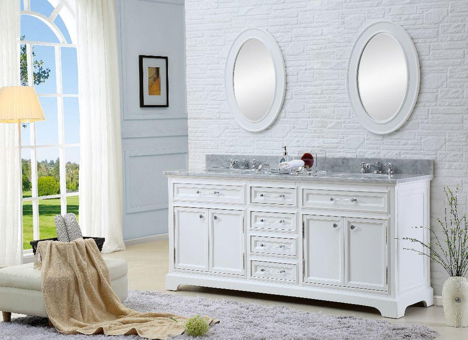 Vanity - 72" Pure White Double Sink Bathroom Vanity W/ Matching Framed Mirrors And Faucets From The Derby Collection