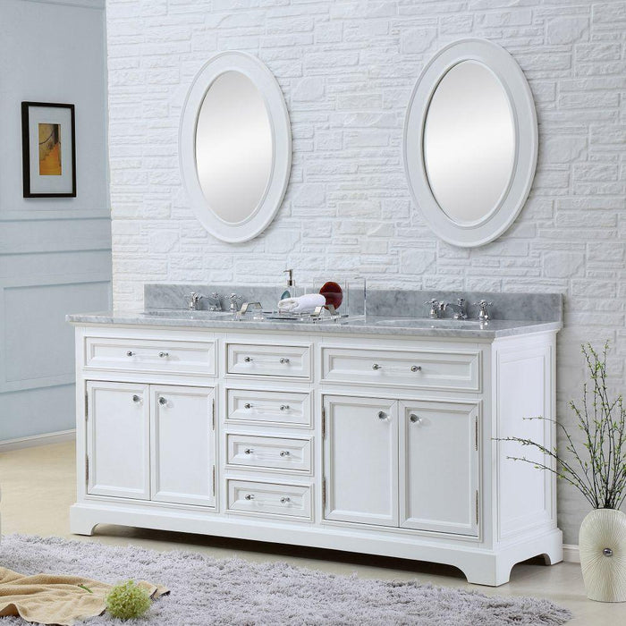 Vanity - 72" Pure White Double Sink Bathroom Vanity W/ Matching Framed Mirrors And Faucets From The Derby Collection