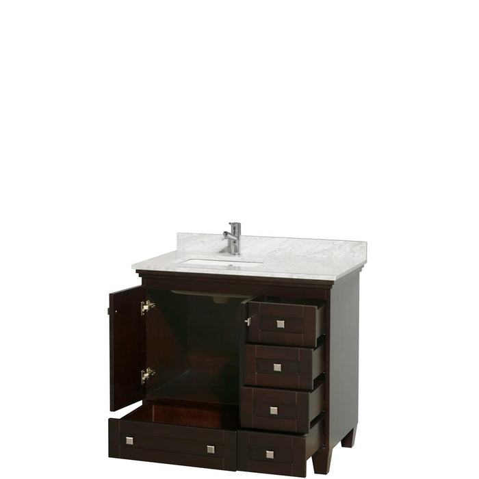 Vanity - Acclaim 36" Single Bathroom Vanity In Espresso, White Carrara Marble Countertop, Undermount Square Sink, And No Mirror