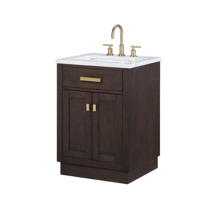 Vanity - Chestnut 24" Single Bathroom Vanity In Brown Oak W/ White Carrara Marble Top And Satin Gold Finish