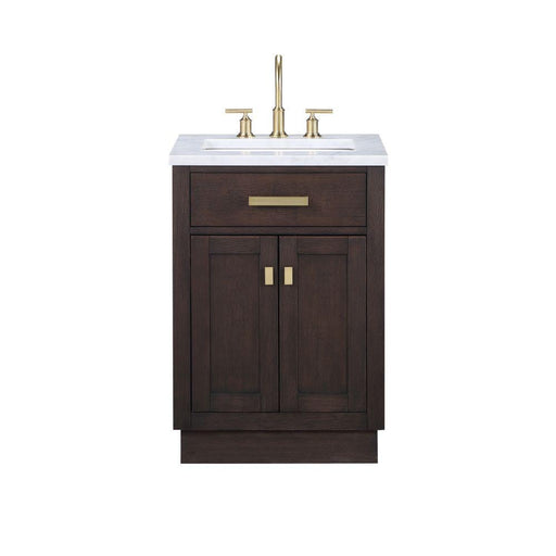Vanity - Chestnut 24" Single Bathroom Vanity In Brown Oak With White Carrara Marble And Satin Gold Finish