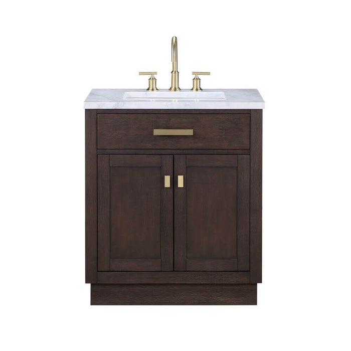 Vanity - Chestnut 30" Single Bathroom Vanity In Brown Oak W/ White Carrara Marble Top And Satin Gold Finish