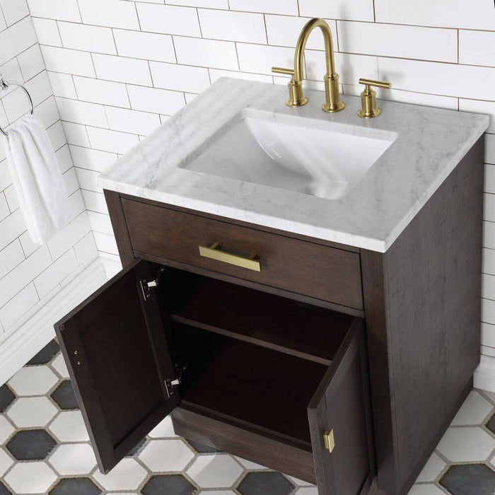 Vanity - Chestnut 30" Single Bathroom Vanity In Brown Oak W/ White Carrara Marble Top And Satin Gold Finish