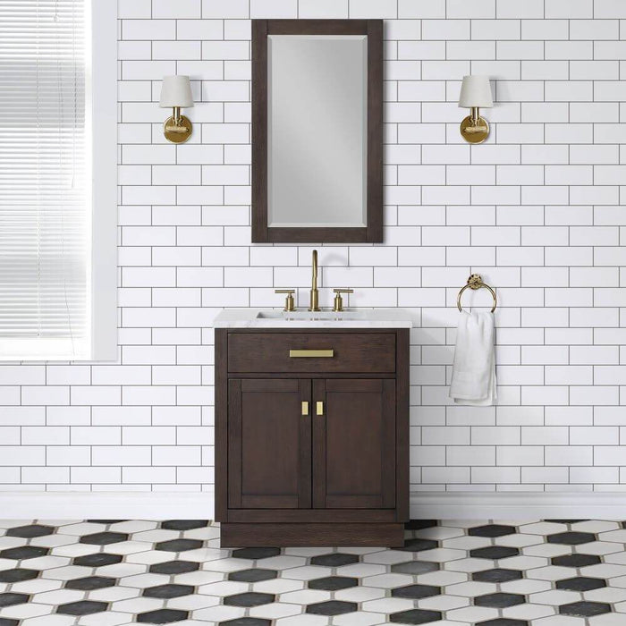 Vanity - Chestnut 30" Single Bathroom Vanity In Brown Oak With White Carrara Marble Top And Satin Gold Finish