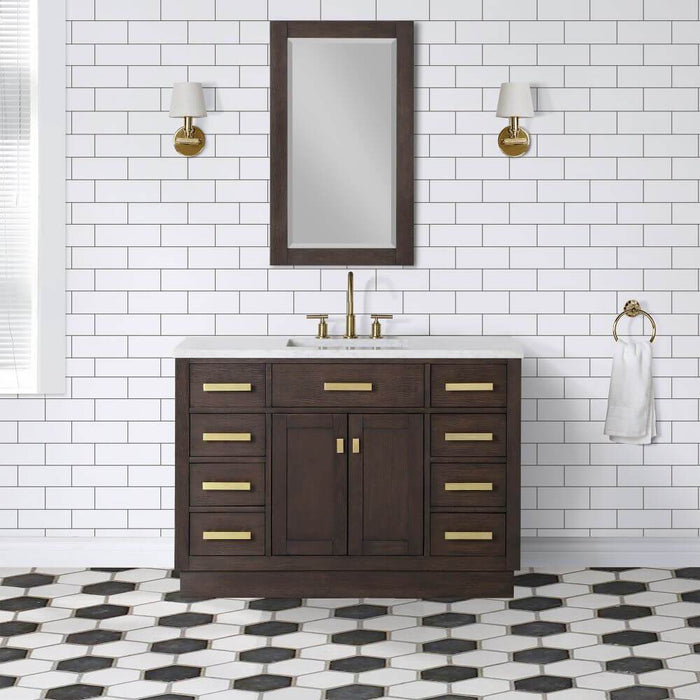 Vanity - Chestnut 48" Single Bathroom Vanity In Brown Oak W/ White Carrara Marble Top And Satin Gold Finish