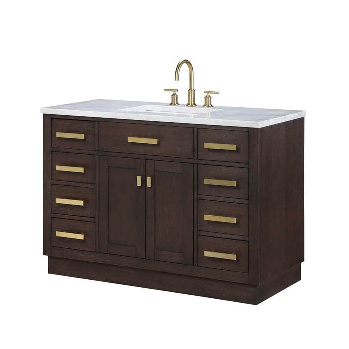 Vanity - Chestnut 48" Single Bathroom Vanity In Brown Oak W/ White Carrara Marble Top In Satin Gold Finish