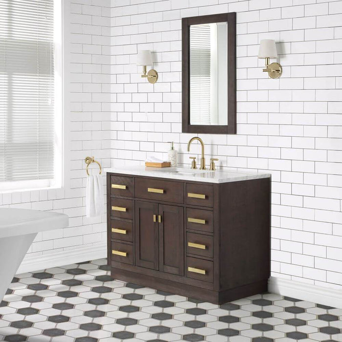 Vanity - Chestnut 48" Single Bathroom Vanity In Brown Oak W/ White Carrara Marble Top In Satin Gold Finish