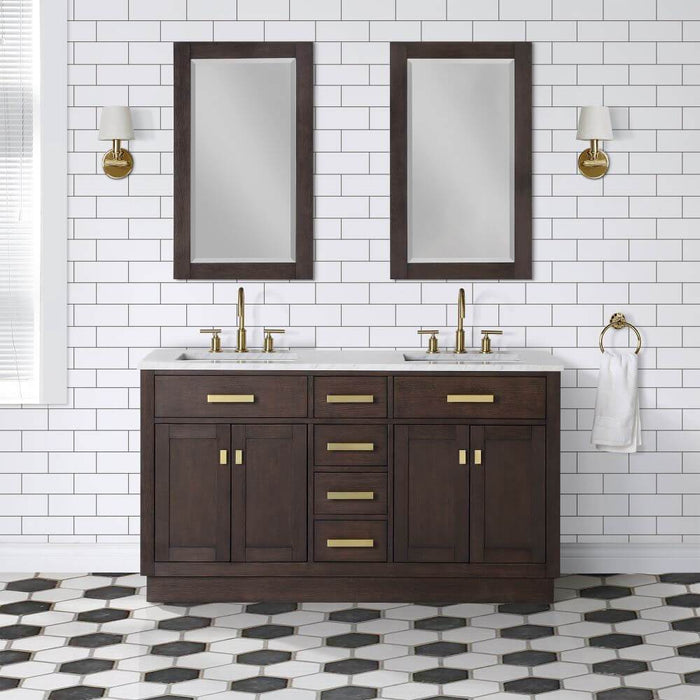 Vanity - Chestnut 60" Double Bathroom Vanity In Brown Oak W/ White Carrara Marble Top And A Satin Gold Finish