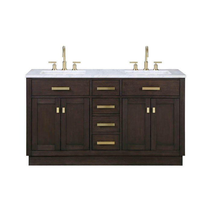 Vanity - Chestnut 60" Double Bathroom Vanity In Brown Oak W/ White Carrara Marble Top And A Satin Gold Finish