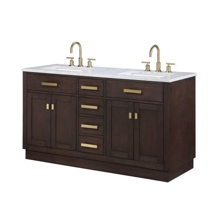Vanity - Chestnut 60" Double Bathroom Vanity In Brown Oak W/ White Carrara Marble Top And In Satin Gold Finish