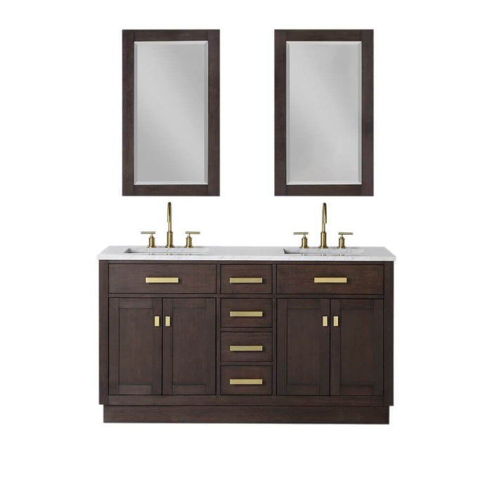Vanity - Chestnut 60" Double Bathroom Vanity In Brown Oak W/ White Carrara Marble Top In Satin Gold Finish