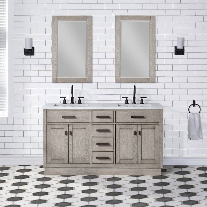 Vanity - Chestnut 60" Double Bathroom Vanity In Grey Oak W/ White Carrara Marble Top And In Oil-rubbed Bronze Finish