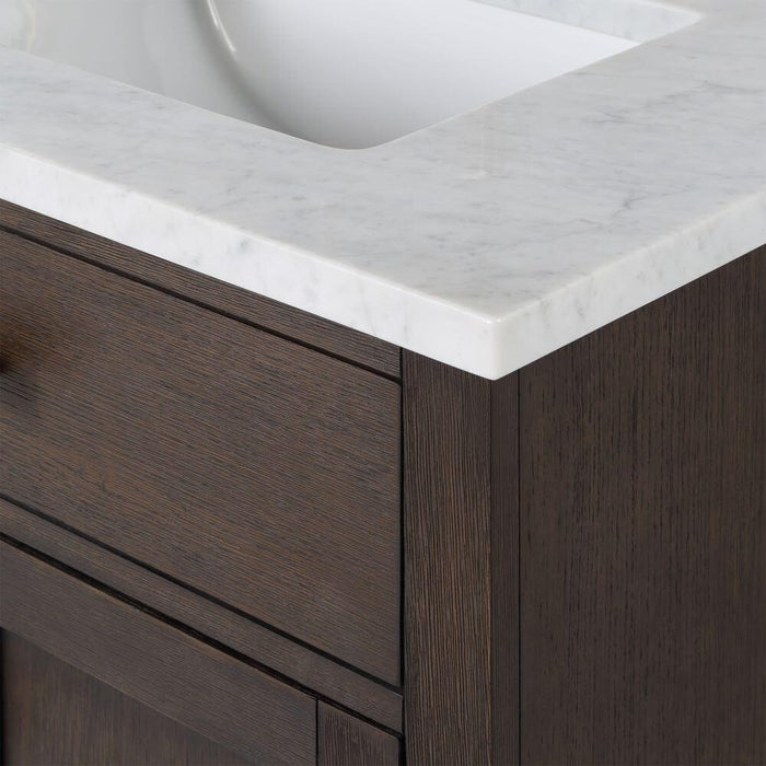 Vanity - Chestnut 72" Double Bathroom Vanity In Brown Oak W/ White Carrara Marble Countertop And In A Satin Gold Finish