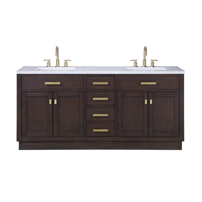 Vanity - Chestnut 72" Double Bathroom Vanity In Brown Oak W/ White Carrara Marble Top In Satin Gold Finish