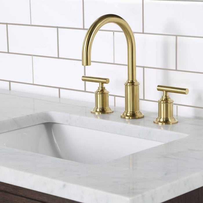 Vanity - Chestnut 72" Double Bathroom Vanity In Brown Oak W/ White Carrara Marble Top In Satin Gold Finish