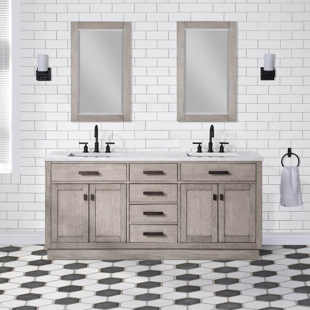 chestnut 72" double bathroom vanity in grey oak w/ white carrara marble top  and in oil-rubbed bronze finish