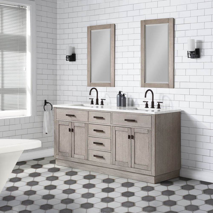 Vanity - Chestnut 72" Double Bathroom Vanity In Grey Oak W/ White Carrara Marble Top And In Oil-rubbed Bronze Finish