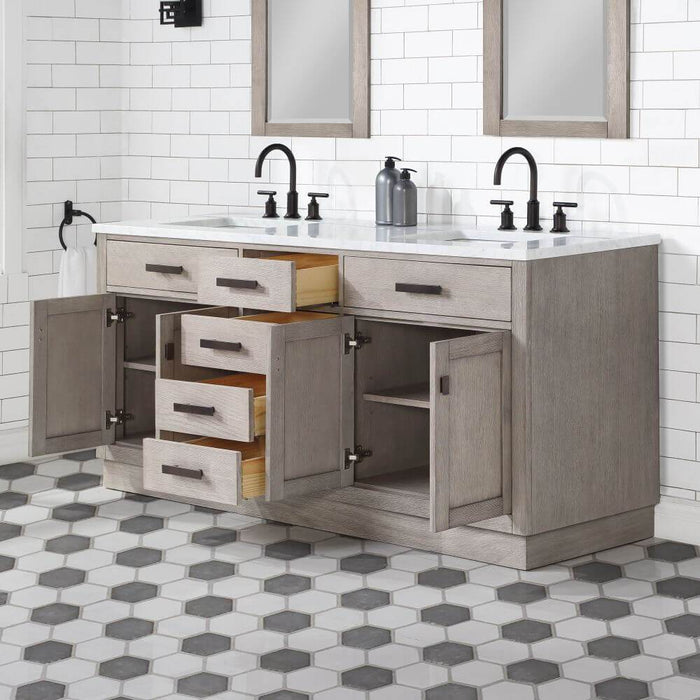 Vanity - Chestnut 72" Double Bathroom Vanity In Grey Oak W/ White Carrara Marble Top In Oil-rubbed Bronze Finish