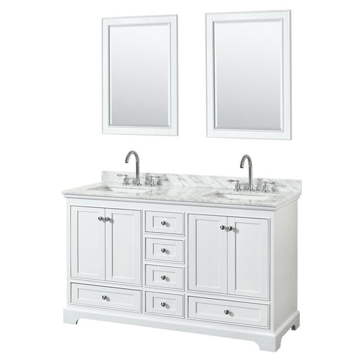 Vanity - Deborah 60" Double Bathroom Vanity In White With White Carrara Marble Countertop, Undermount Square Sinks, And 24" Mirrors
