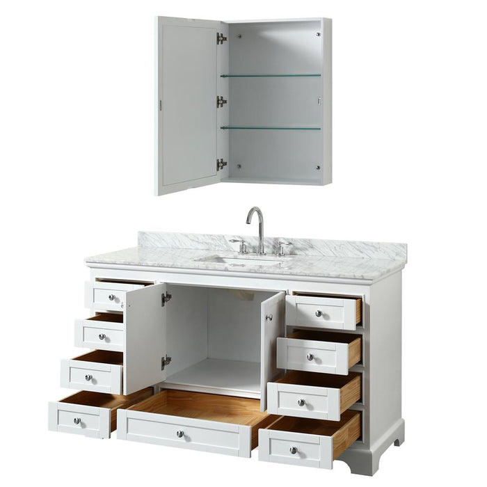 Vanity - Deborah 60" Single Bathroom Vanity In White With White Carrara Marble Countertop, Undermount Square Sink, And Medicine Cabinet