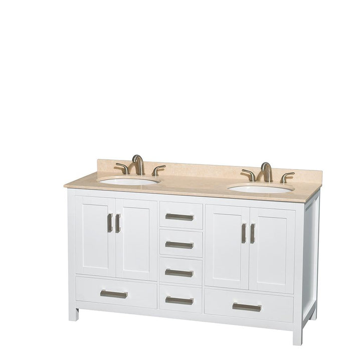 Vanity - Sheffield 60" Double Bathroom Vanity In White, Ivory Marble Countertop, Undermount Oval Sinks, And 58" Mirror