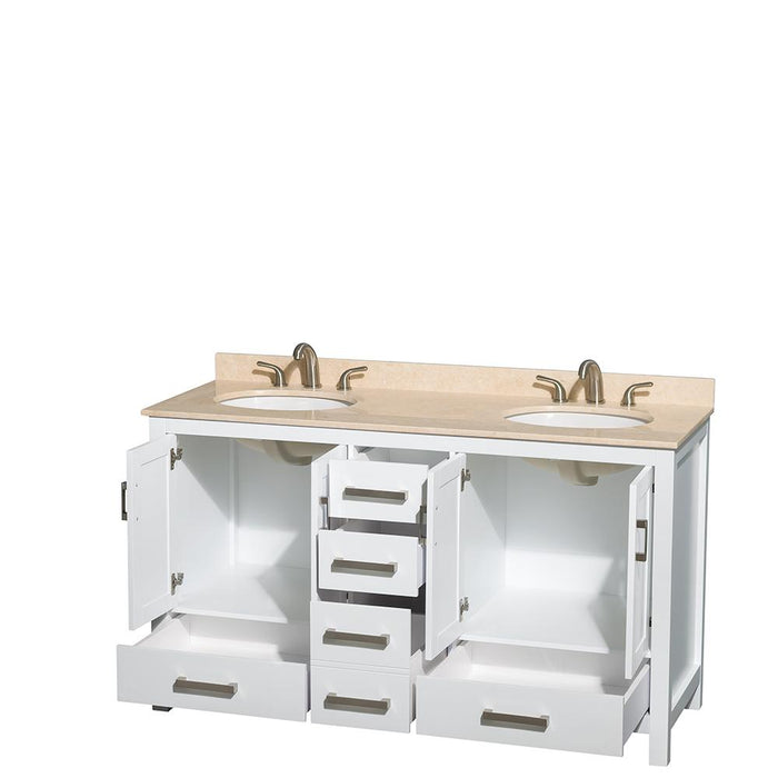 Vanity - Sheffield 60" Double Bathroom Vanity In White, Ivory Marble Countertop, Undermount Oval Sinks, And No Mirror