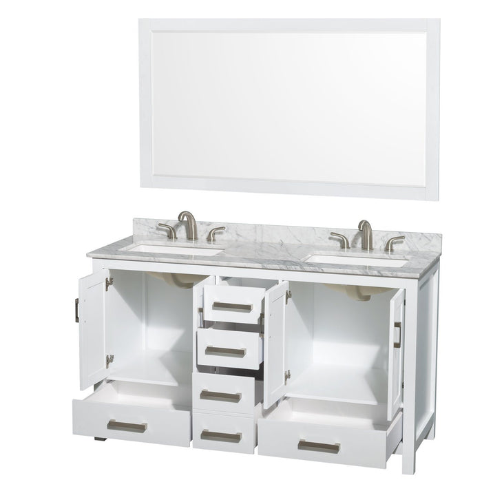 Vanity - Sheffield 60" Double Bathroom Vanity In White, White Carrara Marble Countertop, Undermount Square Sinks (3-Hole), And 58" Mirror