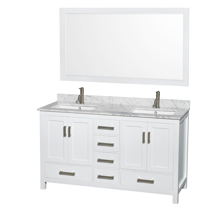 Vanity - Sheffield 60" Double Bathroom Vanity In White, White Carrara Marble Countertop, Undermount Square Sinks, And 58" Mirror