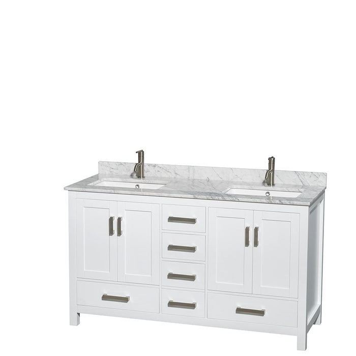 Vanity - Sheffield 60" Double Bathroom Vanity In White, White Carrara Marble Countertop, Undermount Square Sinks, And No Mirror