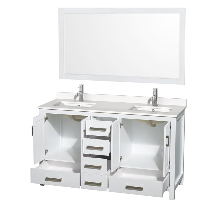 Vanity - Sheffield 60" Double Bathroom Vanity In White With White Quartz Countertop, Undermount Square Sinks, And 58" Mirror